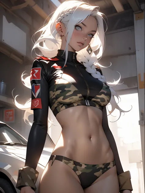 ((Best quality)), ((Masterpiece)), (Detailed: 1.4), (Absurde), A female fighter pilot ready for war in a military bikini, marin, dark skinned, Sculpted body defined, corps entier, Cuisses nues, mouth closed,  Cyberpunk, half-naked, generous neckline, ((Per...