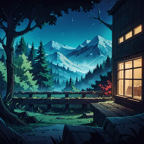 wide shot of the forest summer night, wilderness with vibrant green trees and a bright, clear night sky, a cozy-looking cabin, t...