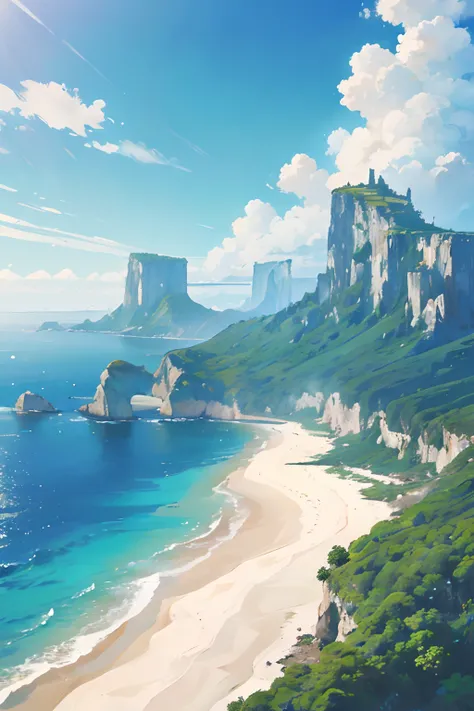 ((Best Quality, 8K, Masterpiece: 1.3)), Clear sea background surrounded by towering cliffs and lush vegetation