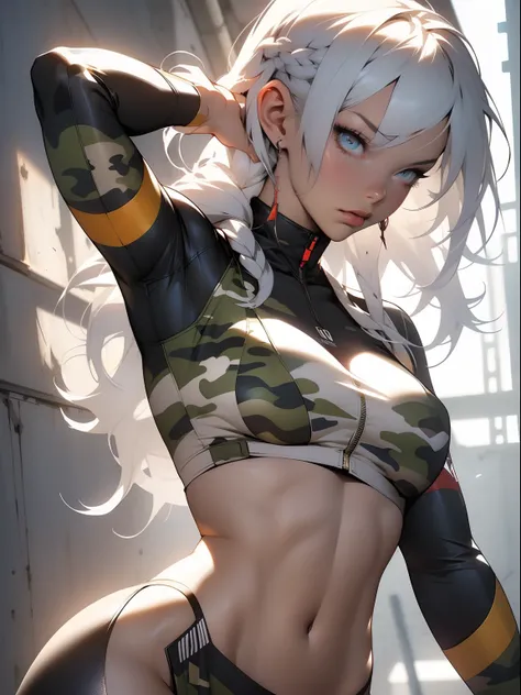 ((Best quality)), ((Masterpiece)), (Detailed: 1.4), (Absurde), A female fighter pilot ready for war in a military bikini, marin, dark skinned, Sculpted body defined, corps entier, Cuisses nues, mouth closed,  Cyberpunk, half-naked, generous neckline, ((Per...