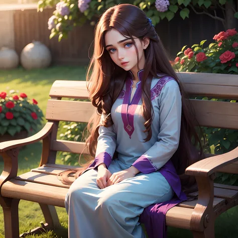 Cute girl blue eyes, long brown hairs, smooth face, long blue shalwar and kamezz, red lipstick, beautiful hair style, sitting on a bench in a garden, hairs are flying with air and beautiful red and purple flowers behind her