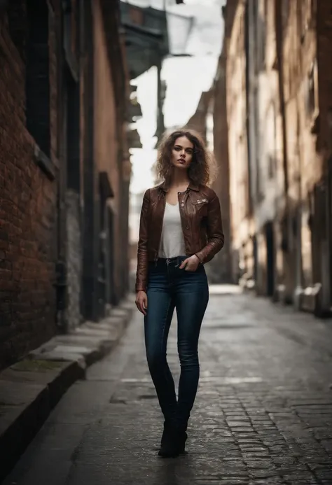 A young girl with a regular figure, cyberpunk beauty in skinny jeans, hair shaved short on one side.darkness style, industrial city