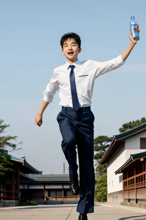 Best quality,A high resolution，Detailed face and eyes，18-year-old boy, having fun，Boy in pants and tie holding a bottle of water, Open your hands，Boy running, The boy was running, raise leg, Wearing a Japanese school uniform, Japanese school uniform, Corre...