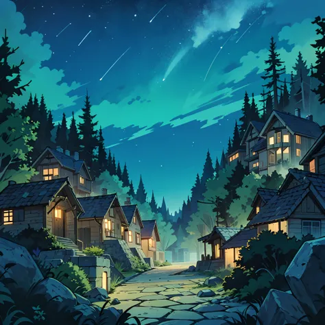 wide shot of the forest summer night, wilderness with vibrant green trees and a bright, clear night sky, a apartments with stone...