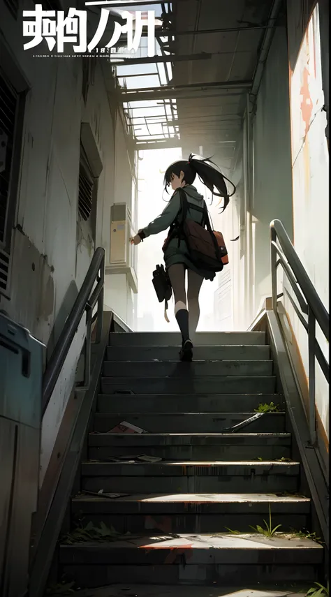 Anime girl stands on escalators, run-down, apocalyptic, overgrown, magazine cover, low angle