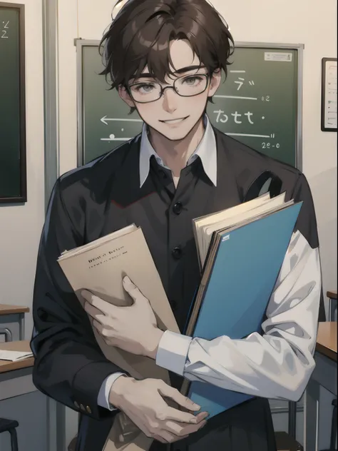 ((1boy)), wearing a high school uniform and glasses on his face, male, blush, smile, young, solo, (gray eyes), symmetrical eyes, fix eyes, Brown hair, good anatomy, classroom