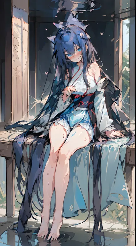 (Masterpiece, Best quality) (Masterpiece, Best quality) (Masterpiece, Best quality) ，1 girl, ((Blue eyes)), Delicate eyes, Dark blue hair, Long hair,Messy hair,Hairstyles, Blue Hanfu, Large breasts,( Slender legs:1.35), Barefoot,Wet,embarressed,((Blush)),S...