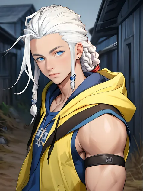 masterpiece, 1boy, young, handsome, white dreadlocks, perfect face, detailed eyes and face, blue eyes, sleeveless hoody, clean shaved, muscular, capturing a rural atmosphere, dynamic lighting