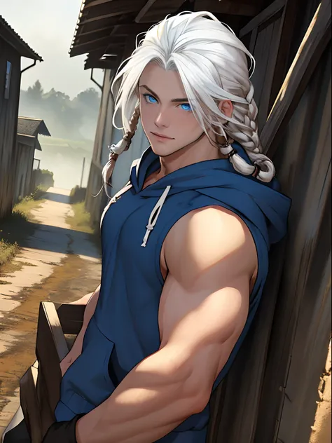 masterpiece, 1boy, young, handsome, white dreadlocks, perfect face, detailed eyes and face, blue eyes, sleeveless hoody, clean shaved, muscular, capturing a rural atmosphere, dynamic lighting