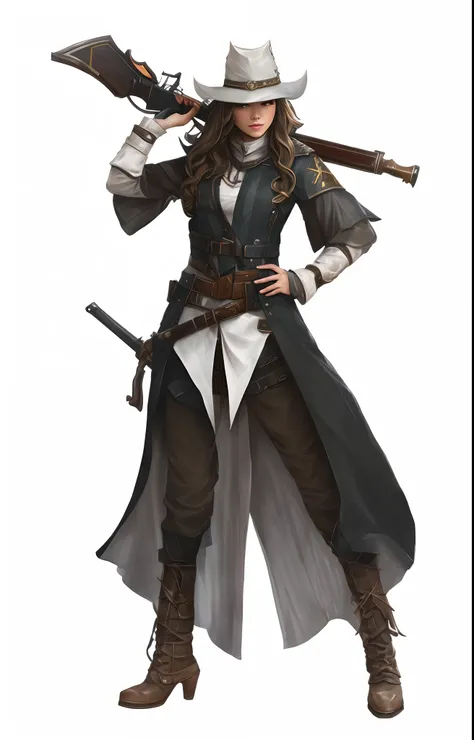 A country woman in a long black coat and hat holding a rifle gun over shoulder, exact same gun, with a medieval sword on her right side hip, rpg concept art character, female medieval fantasy bounty hunter, western concept art, rpg character concept art, f...