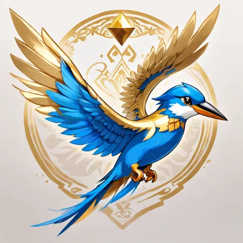 anthropomorphic Kingfisher that is the angel of protection and strength, brilliantly colored blue and gold feathers, best quality, masterpiece