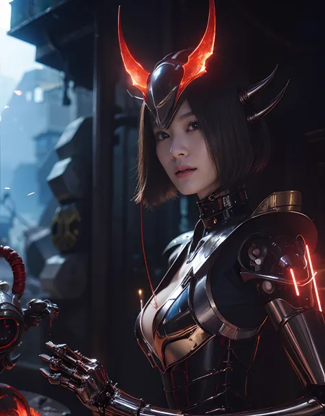 (Fierce battle with demonic beasts)、top-quality、​masterpiece、超A high resolution、(Photorealsitic:1.4)、Raw photo、女の子1人、Devils Bodysuit、glowy skin、(((1 Mechanical Girl)))、With a beautiful knife、（Red Metal Bodysuit）、（Please wear a mechanical helmet）、(beautiful...