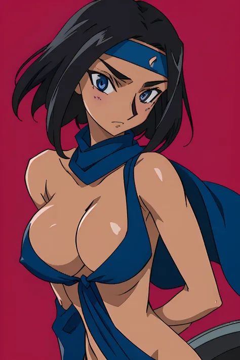 1girl, Makoto_VIPER, ((Code Geass style)), short hair, black hair, dark-blue eyes, ((wide blue bandana)), large brests, ((topless:1.2)), upper body, face focus, front view, from front,