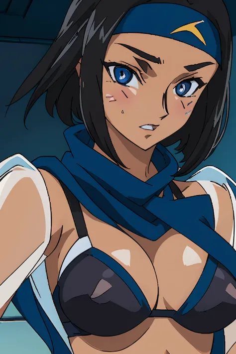 1girl, Makoto_VIPER, ((Code Geass style)), short hair, black hair, dark-blue eyes, ((wide blue bandana)), large brests, ((see-through swimware:1.2)), (erect nipples), upper body, face focus, front view, from front,