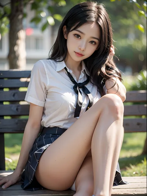 Woman in skirt sitting on park bench、Wearing a shirt with a white collar、Have both legs、Hide the crotch with the heel of the foot、 Beautiful feet、drooing eyes: 1.3, Person shot々, (in 8K) , ​master piece, (No retouching, Lip gloss, False eyelashes, Real Ski...