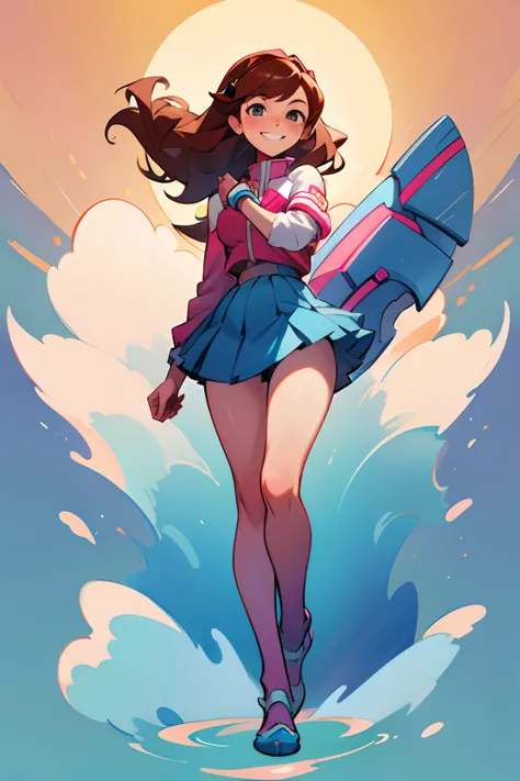 full body view of D.VA from overwatch in her classic blue and pink textile full body uniform standing still looking at viewer, adult Emma Watson, slim body, long wavy brown red floating hair, bangs, cute smile, shy grin, Full body, Perfect composition gold...