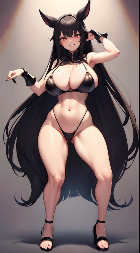 （gigantic breasts:1.6），Full body like，heeled sandals，The right hand crosses the waist，Long black hair，Black colored eyes，Black fingernails，Black toenails，grin face，Latex bra，Latex panties，exposing thighs，exposing your navel，Expose the armpits