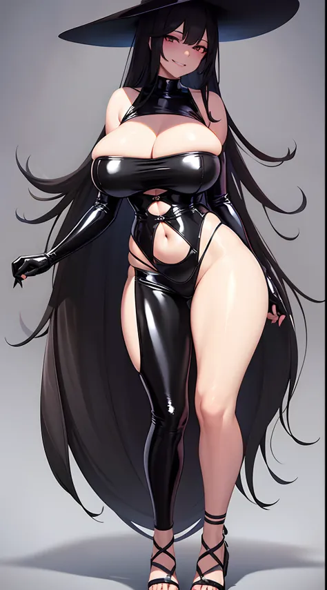 （gigantic breasts:1.6），Full body like，heeled sandals，The right hand crosses the waist，Long black hair，Black colored eyes，Black fingernails，Black toenails，grin face，Latex bra，Latex panties，exposing thighs，exposing your navel，Expose the armpits