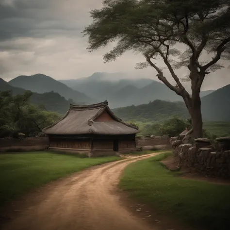 ((Masterpiece)), (Top quality), (Best quality), Chinese Village, Cottage with stone walls and thatched roof, A dirt path, Exotic trees, Atmospheric,, Cinematic, Realphotos