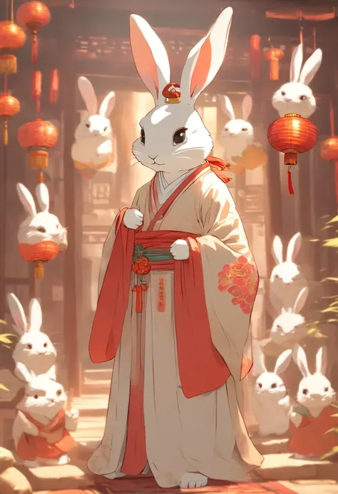 There is a rabbit，Chinese round fan in hand, Rabbit, A rabbit, White rabbit, Rabbit_Bunny,, anthropomorphic rabbit, the white rabbit, With a fan, Rabbit ears, Rabbit in Hanfu, Rabbit in Chinese costume, Rabbit in white hanfu, Traditional Chinese clothing, ...