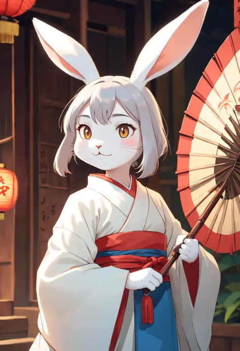 There is a rabbit，Chinese round fan in hand, Rabbit, A rabbit, White rabbit, Rabbit_Bunny,, anthropomorphic rabbit, the white rabbit, With a fan, Rabbit ears, Rabbit in Hanfu, Rabbit in Chinese costume, Rabbit in white hanfu, Traditional Chinese clothing, ...