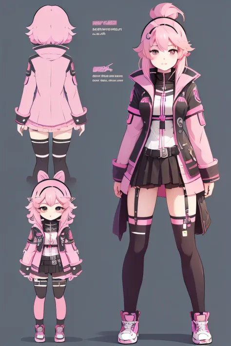 vtuber, pink hair, mature girl, girl, anime, full body, facing front, standing, reference sheet, chibi style, standing still