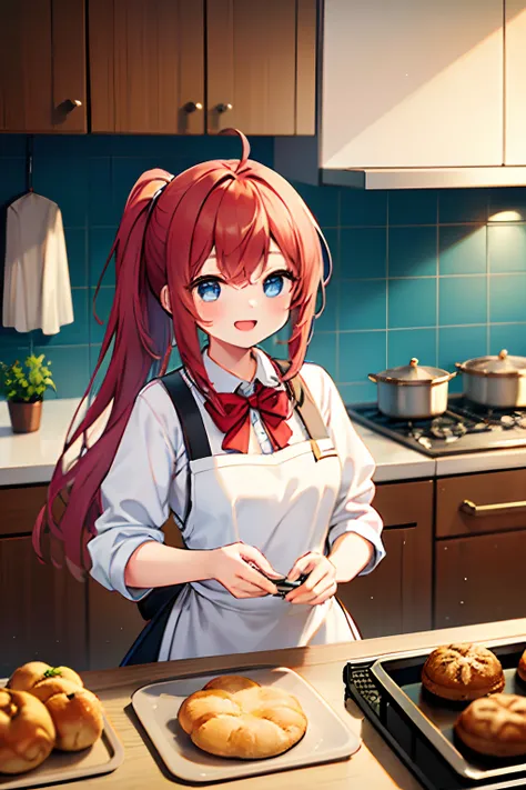 1girl, young girl, masterpiece, high quality, red hair, long hair, straight hair, ponytail, blue eyes, in the kitchen, with oven...