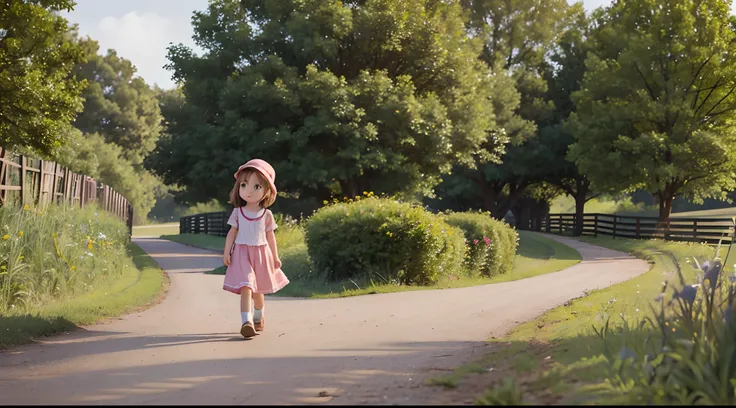 a 4 year old girl walking along a farm road, vertical angle, 2 D.