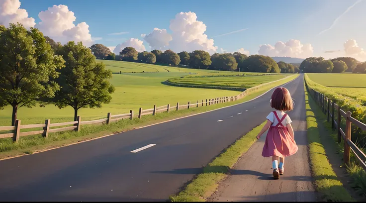 a 4 year old girl walking along a farm road, vertical angle, 2 D.