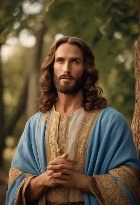 Portrait of a handsome man, Jesus Christ, with true blue eyes, on a sunny day, under a tree, with intricate details. Full body, straight face, Jesus Lord preaching to the people.