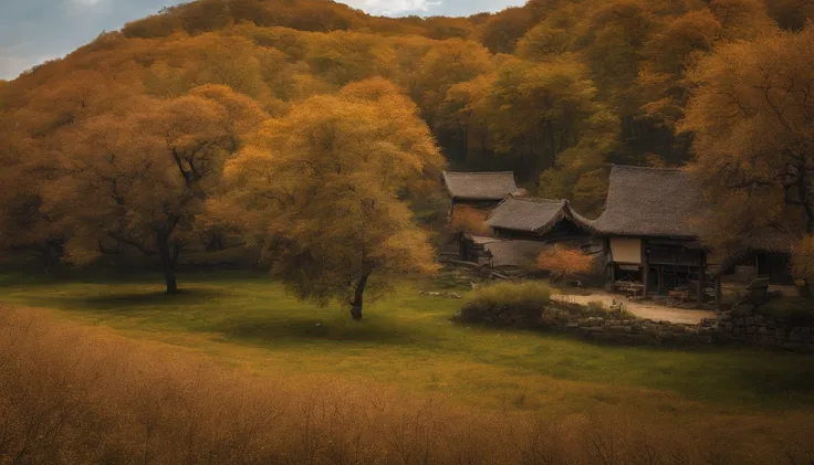 Masterpiece, Top quality, Best quality, Chinese Village, autumnal, with blue sky and white clouds, scenecy, Atmospheric, Hou Xiaoxian film, Cinematic, Realphotos, Close-up of trees