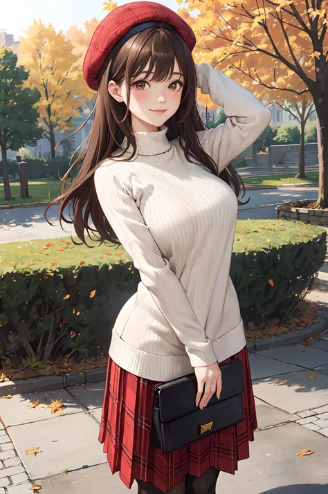 1lady standing, mature female, /(ribbed sweater/) /(red plaid skirt/) beret, /(brown hair/) bangs, blush kind smile, (masterpiece best quality:1.2) delicate illustration ultra-detailed, large breasts, arms down BREAK /(pubric park outdoors/) bricks road, a...