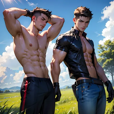 2boys kissing,, masterpiece, best quality, shirtless slim lean  boys young adults in a grassy field with blue sky and clouds. The men are muscular lean slim and well built, with shiny bodies and defined muscles. The men are wearing gloves and pants which h...