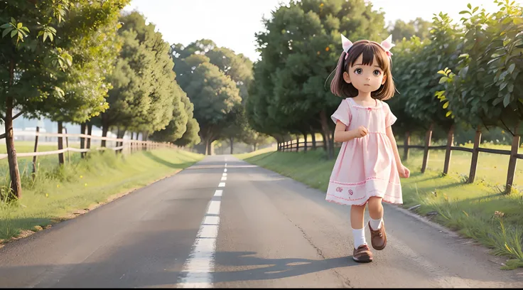 a 4 year old girl walking along a farm road, vertical angle, 2 D.