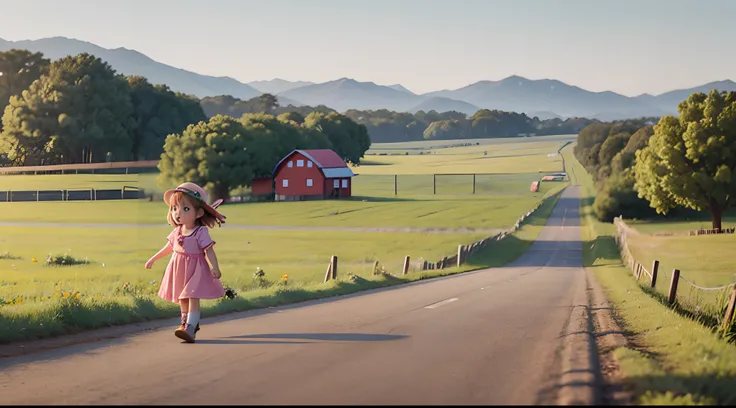 a 4 year old girl walking along a farm road, vertical angle, 2 D.