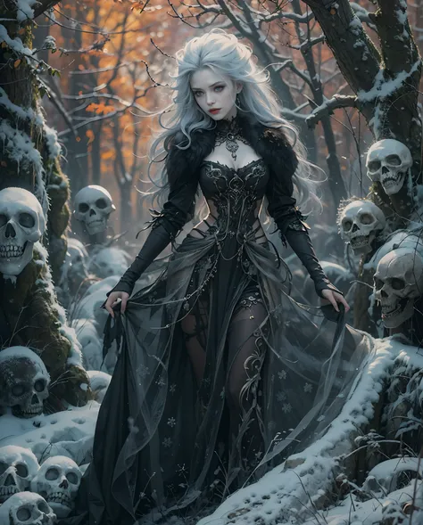 Best quality, masterpiece, meticulous detail, intricate detail, realistic, a mystical winter lady in halloween, horror, dark fantasy