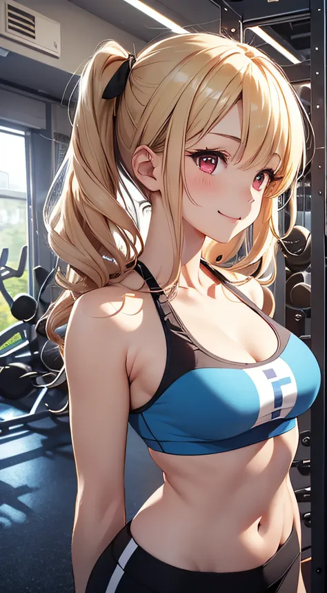 top-quality、Top image quality、​masterpiece、girl with((18year old、Blue Sports Bra、Blue sports pants、Best Bust、Bust 90、Blonde twintails、Red Eyes、open chest wide、Valley、Happiness、A slender、ssmile,Fitness Boxing、globe、)）hiquality、Beautiful Art、Background with(...