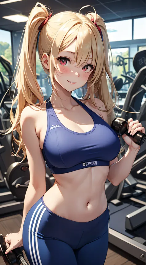 top-quality、Top image quality、​masterpiece、girl with((18year old、Blue Sports Bra、Blue sports pants、Best Bust、Bust 90、Blonde twintails、Red Eyes、open chest wide、Valley、Happiness、A slender、ssmile,fitness、Use of treadmills)）hiquality、Beautiful Art、Background w...