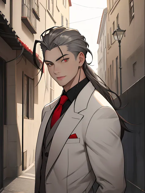 masterpiece, 1boy, young, handsome, grey slicked back long hair, perfect face, detailed eyes and face, red eyes, school uniform, clean shaved, muscular, capturing a european street atmosphere, dynamic lighting