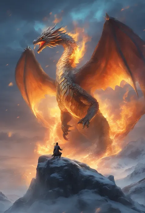 (Best quality,4K,8K,high resolution,Masterpiece:1.2), Ultra-detailed,(Realistic,Photorealistic,photo-realistic:1.37), A young man, There is an ice dragon behind him，A fire phoenix