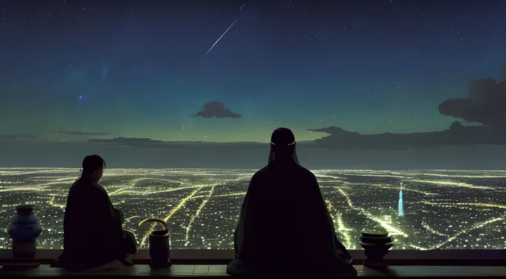 The landscape, starrysky, natta, A male Taoist priest watching in the night sky，Cyan robe，Drink with a gourd against the sky,exteriors, buliding, ​​clouds, Sat down, tree, Long hair, 城市, siluette, view over city