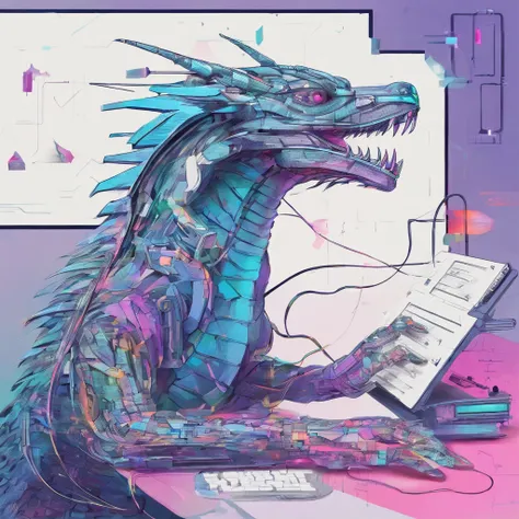 basilisk listening to music, chalk drawing, drawing, childish, glitched