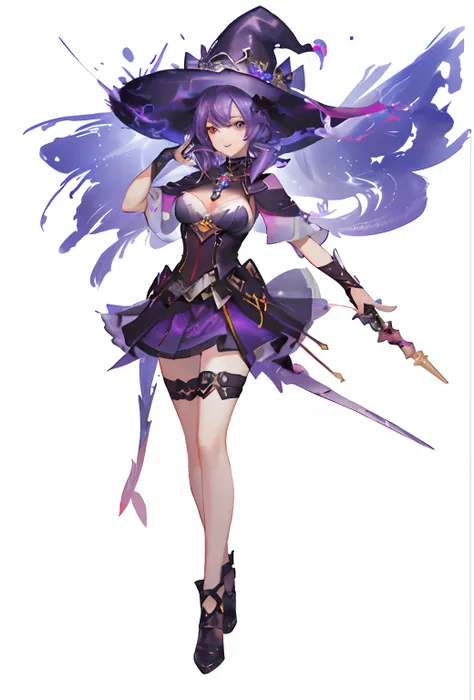 (best quality: 1.1), (masterpiece: 1.1), detailed, perfect anatomy, 1 girl, full body shot, (wide hips: 1.2), wizard, purple hair, purple skirt, big tits up, masterpiece, best quality, mature witch, witch hat, grumpy lighting, brightness, bright, mysteriou...