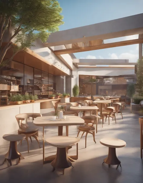 coffee shop with a modern minimalist concept. outdoor theme, using concrete tables, there is a music concert venue