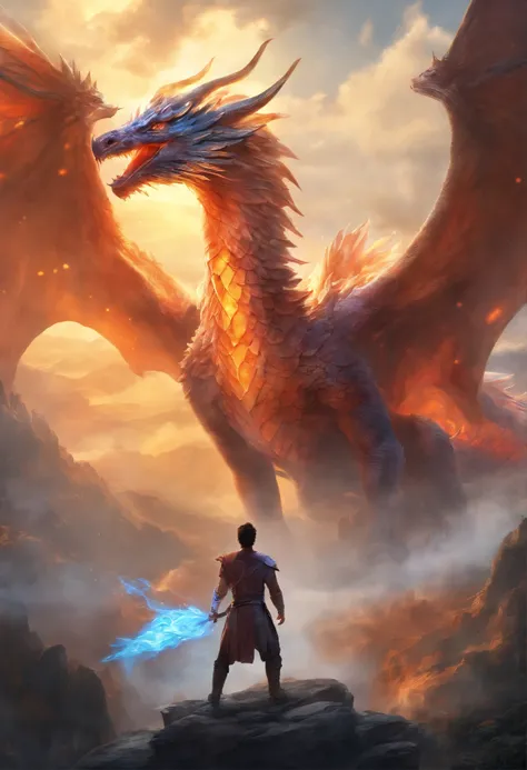 (Best quality,4K,8K,high resolution,Masterpiece:1.2), Ultra-detailed,(Realistic,Photorealistic,photo-realistic:1.37), A young man, There is an ice dragon behind him，Fire Phoenix