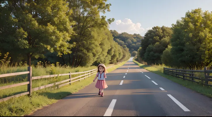 a 4 year old girl walking along a farm road, vertical angle