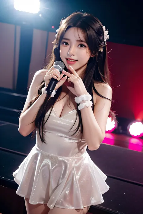 girl with,Idol groups,Soft light,Group of 4,Live performance venue,Suankai,Front-facing.The whole body is shown,Angle of pull,Wearing a cute costume like an idol,The photo shows 4 people.