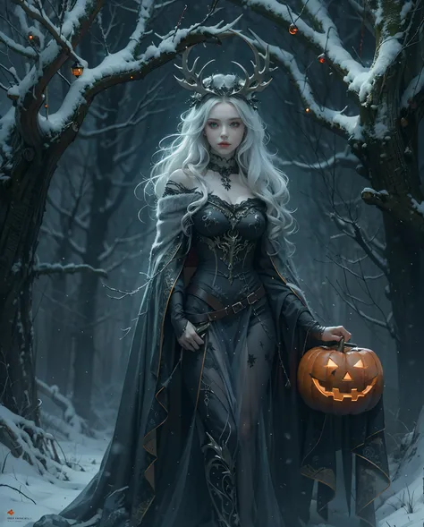 Best quality, masterpiece, meticulous detail, intricate detail, realistic, full body, a mystical winter lady in halloween, horror, dark fantasy, cinematic