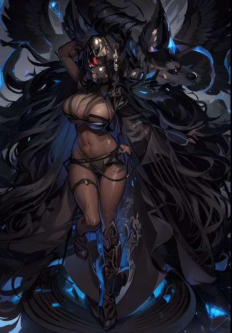 masutepiece, High quality, Best Quality, Beautiful, hard disk, Perfect Lighting, Detailed face, Detailed body,full body Esbian、standing in the forest、Solo, (black wavy long hair), Black eyes, Colossal tits、 Black dress with complex pattern, (Gray wolf hat)...