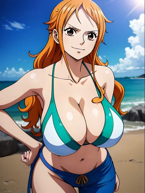 Nami from One Piece, her nipple is showing slightly from behind the bra,very light orange and yellowish haired girl,beautiful brown eyes, shiny white skin, full body photo, on four, blushing cheeks,in a clouds in the sky smiling at the viewer,large breasts...